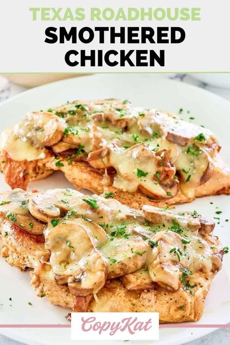 Texas Roadhouse Smothered Chicken, Smothered Chicken With Mushrooms, Smothered Chicken Recipe, Copycat Texas Roadhouse, Smothered Chicken Recipes, Chicken With Mushrooms, Inexpensive Dinners, Smothered Chicken, Chicken Recipies