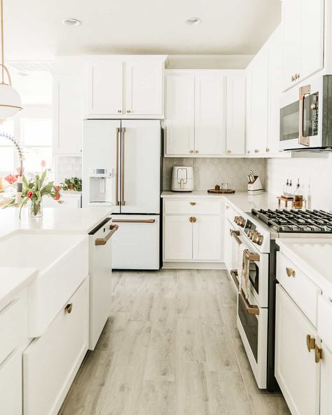 All White Kitchen White Appliances, Kitchen Decor With White Appliances, Ge Cafe Matte White Microwave, Cafe Style Appliances, Cafe White Design, White Kitchen And White Appliances, All White Appliances In Kitchen, Two Tone Kitchen Cabinets With White Appliances, White Cabinets And White Appliances