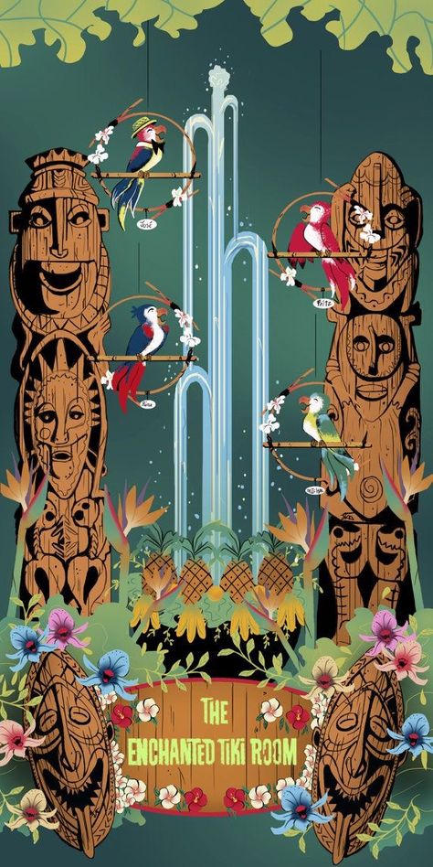 The Enchanted Tiki Room Tiki Room Disney, Walt Disney's Enchanted Tiki Room, Disney Enchanted, Disney Attractions, Disney Imagineering, Enchanted Tiki Room, Tiki Art, Retro Disney, Vintage Tiki