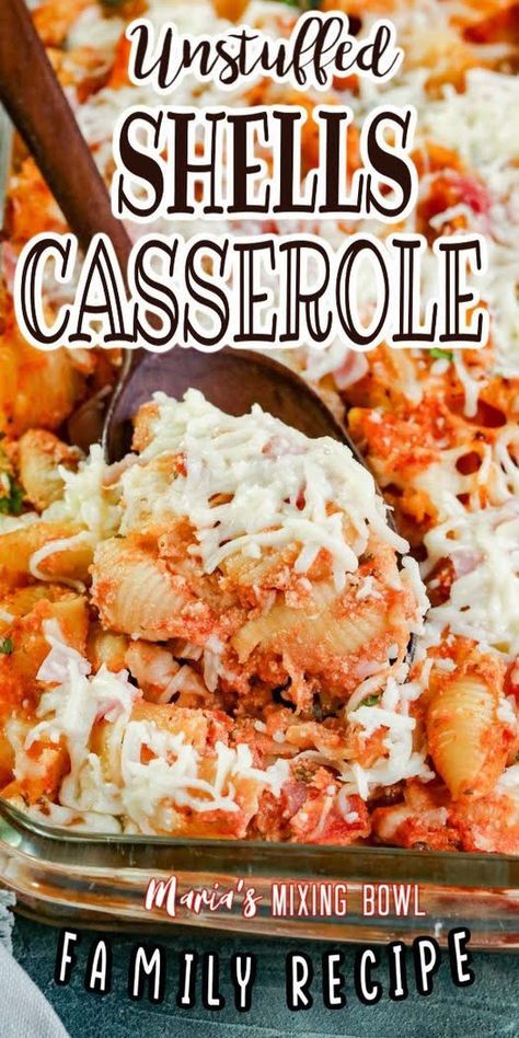 Unstuffed Shells Casserole is a delicious take on stuffed shells. This delicious casserole is full of cheese, spaghetti sauce, and great Italian flavor. It’s always a winner! #italianpastabake… Stuffed Shell Pasta Casserole, Shell Casserole Recipes, Stuffed Shells Casserole, Recipes With Shell Pasta, Unstuffed Shells Pasta Bake, Medium Shells Pasta Recipes, Jumbo Pasta Shell Recipes, Unstuffed Shells, Shell Recipes