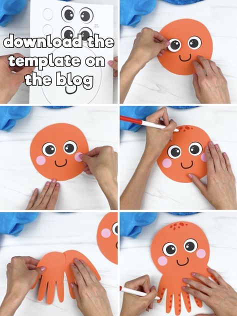 Download Your Handprint Octopus Template Below Octopus Toddler Craft, Octopus Crafts For Preschoolers, Octopus Craft Preschool Free Printable, Octopus Craft Kindergarten, Octopus Handprint Craft, Octopus Art Preschool, Octopus Template Free Printable, Octopus Craft For Toddlers, Octopus Crafts For Toddlers