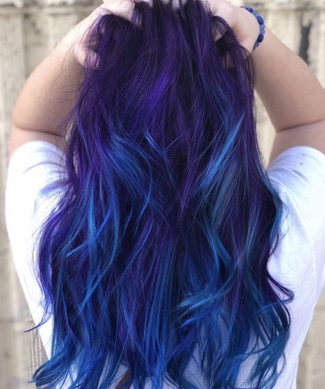 Black Hair With Blue And Purple Streaks, Night Sky Hair Color, Purple To Blue Hair, Blueish Purple Hair, Purple And Blue Hair Color Ideas, Blue And Violet Hair, Unnatural Hair Color Ideas, Silver And Blue Hair, Purple Blue Hair