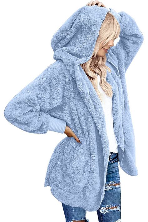 Cozy Fitted Hooded Cardigan, Fluffy Hooded Cozy Outerwear, Cozy Long Sleeve Cardigan With Drawstring Hood, Long Sleeve Fleece-lined Hooded Jacket For Loungewear, Fleece-lined Long Sleeve Hooded Jacket For Loungewear, Faux Fur Cardigan, Outfits Athletic, Fleece Cardigan, Pleated Tennis Skirt