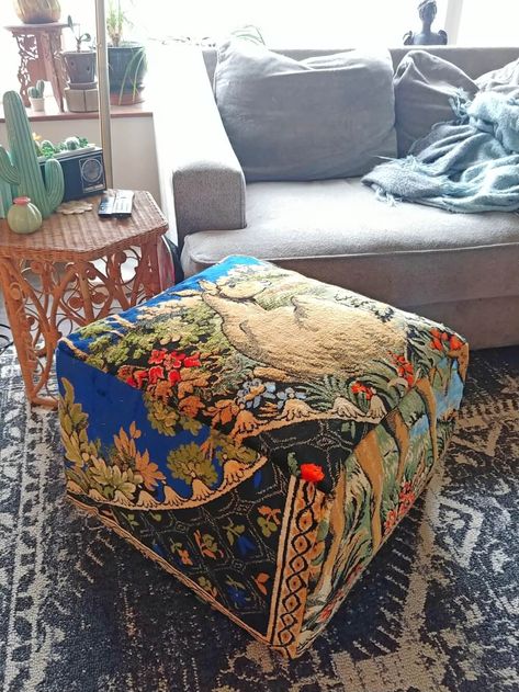 completed DIY Giant Floor Pouf Diy Poofs Ottoman, Poofs Ottoman, Floor Cushions Diy, Giant Floor Pillows, Diy Pouf, Diy Ottoman, African Home Decor, Floor Pouf, Needlepoint Tapestry