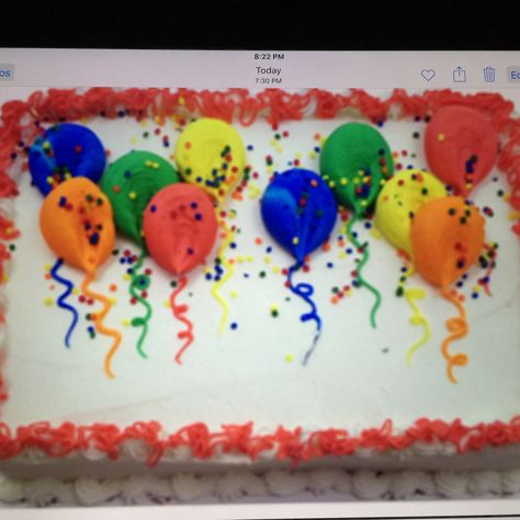 Balloon birthday sheet cake in buttercream. Buttercream Balloon Cake, Piping Balloons On Cake, Balloon Sheet Cake, Happy Birthday Sheet Cake, Sheet Cake Designs Birthday, Balloon Birthday Cake, Dq Cake, Sheet Cake Ideas, Costco Cake