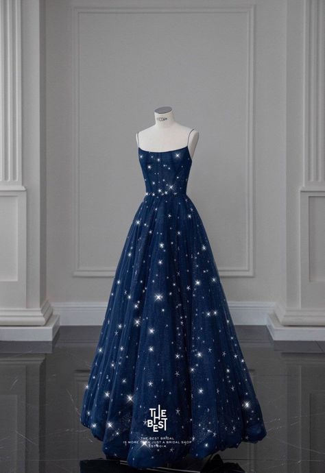 Midnight Blue Dress With Stars, Starry Night Formal Dress, A Night Under The Stars Theme Dress, Space Themed Dresses, Stary Night Dresses, Night Under The Stars Theme Prom Dress, Starry Night Theme Dress, Starry Night Gown Prom Dresses, Celestial Ball Gown