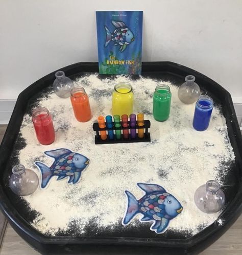 World Book Day Tuff Tray, World Book Day Tuff Tray Ideas, World Book Day Activities For Toddlers, Animal Tuff Tray Ideas, World Book Day Activities Eyfs, Rainbow Fish Sensory Bin, Rainbow Fish Tuff Tray Ideas, Under The Sea Eyfs, Coral Reef Tuff Tray