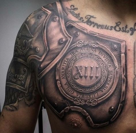 roman warrior armor tattoo design on shoulder and chest  #armor #tattoo #design #ideas #men #masculine Armor Sleeve Tattoo, Armor Of God Tattoo, Armour Tattoo, Shoulder Armor Tattoo, Body Armor Tattoo, Tatoo 3d, Shield Tattoo, Roman Tattoo, Spartan Tattoo