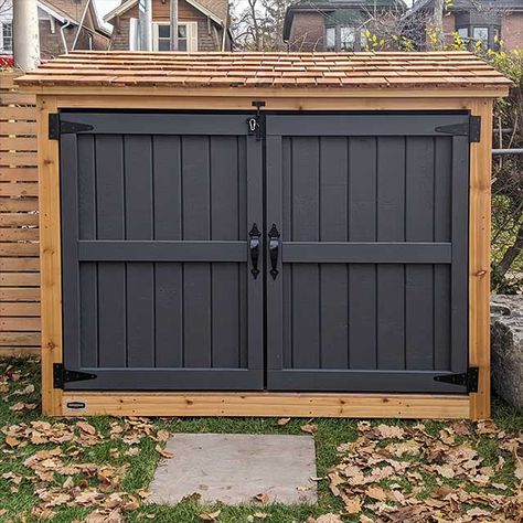 Redwood Sheds | Sheds for Garbage Bins, Recycling Bins and Green Bins - Large Cedar/Pine Shed - Cedar Roof Garbage Shed Ideas, Garbage Bin Shed, Trash Bin Storage Outdoor Plans, Wooden Trash Bins Outdoor, Garbage Can Storage Outdoor, Wood Garbage Bin Outdoor Storage, Green Roof Bin Store, Outdoor Garbage Storage, Garbage Can Storage