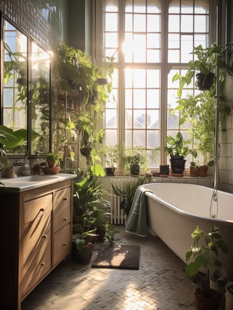 Indoor Shower Plants, Aesthetic Bathroom Plants, Bathroom Lots Of Plants, Aesthetically Pleasing Bathroom, Plant Covered Bathroom, Bathrooms With Lots Of Plants, Bathroom Plant Aesthetic, Aesthetic Bathroom Decor Vintage, Green Nature Bathroom