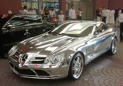 Pure White Gold Mercedes Benz     The 18K white gold used in this car Owned by Abu Dhabi, an oil billionaire , This stunning car features the newly developed V10 quad turbo with 1,600 horsepower and 2800nm of torque 0-100km/h in less than 2secs, 1/4 mile in 6.89 secs running on biofuel. That is NOT stainless steel.It is WHITE GOLD. Sleek Cars, Gold Mercedes, Mclaren Slr, Mercedes Sport, Mercedes Mclaren, Mercedes Slr, Slr Mclaren, Mercedes Suv, Chrome Car