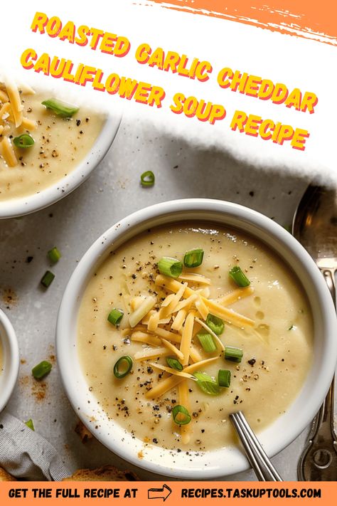 Warm up with our creamy Roasted Garlic Cheddar Cauliflower Soup! This comforting recipe combines the rich flavors of roasted garlic and sharp cheddar with the wholesome goodness of cauliflower. Perfect for cozy nights or as a savory addition to your weeknight meals. Discover a delightful blend of textures and tastes that will satisfy vegetarians and vegans alike. Try this easy-to-make soup that promises both nutrition and a burst of flavor in every spoonful. Save this recipe for a heartwarming meal idea that your whole Ambitious Kitchen Roasted Garlic Cheddar Cauliflower Soup, Cheddar Cauliflower And Garlic Soup, Roasted Garlic Cheddar Cauliflower Soup, Cauliflower Garlic Soup, Creamy Cheddar Cauliflower And Roasted Garlic Soup, Cheddar Cauliflower Roasted Garlic Soup, Cheddar Cauliflower Soup, Loaded Cauliflower Soup, Starters For Dinner