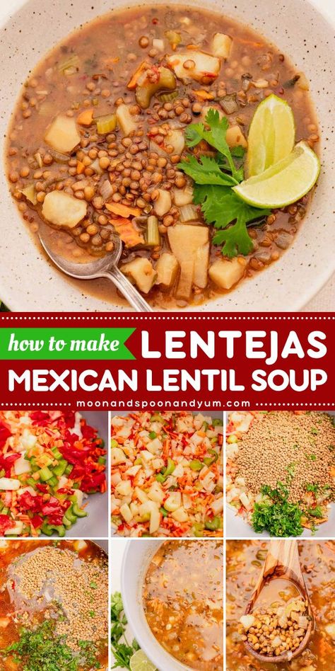 Lentejas (Mexican Lentil Soup) is the best comfort food recipe! This Mexican inspired dish, also known as Sopa de Lentejas, is easy to make and full of B vitamins, potassium, zinc, and magnesium. Try this hearty soup today! Mexican Lentil Soup Recipe, Winter Soup Recipe, Vegan Christmas Recipes, Lentil Soup Recipes, Hearty Soup, Winter Dinner Recipes, B Vitamins, Vegan Comfort Food, Best Comfort Food