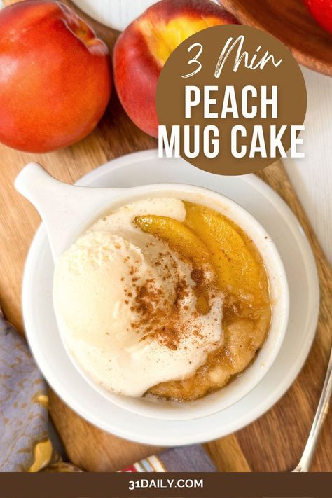 One Peach Dessert, Mug Peach Crisp, 10 Minute Gooey Vanilla Peach Mug Cake, Peach Crisp In A Mug, Peach Desserts For One, Single Serve Peach Dessert, Mug Peach Cobbler Microwave, Peach Cobbler In A Cup, Mug Peach Cobbler