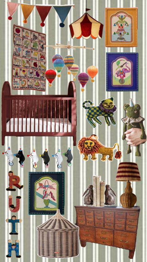 Vintage crafty circus themed nursery Circus Nursery Theme, Circus Themed Bedroom, Circus Bedroom, Vintage Circus Nursery, Carnival Nursery, Baby Nook, Vintage Girls Rooms, Circus Nursery, Eclectic Nursery