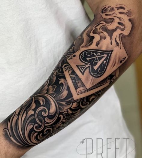 Ace Tattoos, Clock Tattoo Sleeve, Boys Tattoo, Outlaw Tattoo, Arm Tattoos For Guys Forearm, Family Tattoos For Men, Ace Tattoo, Outer Forearm Tattoo, Half Sleeve Tattoos Forearm