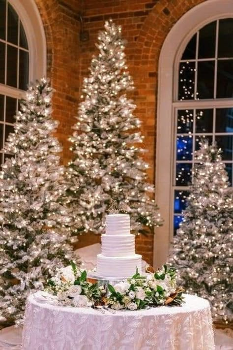 Christmas Wedding Christmas Trees, Intimate December Wedding, Classy December Wedding, Christmas Trees At Wedding Reception, Christmas Tree At Wedding, Winter Wedding Trees, Pink Christmas Wedding Ideas, Christmas Wedding Snacks, Christmas Wedding Ceremony Backdrop