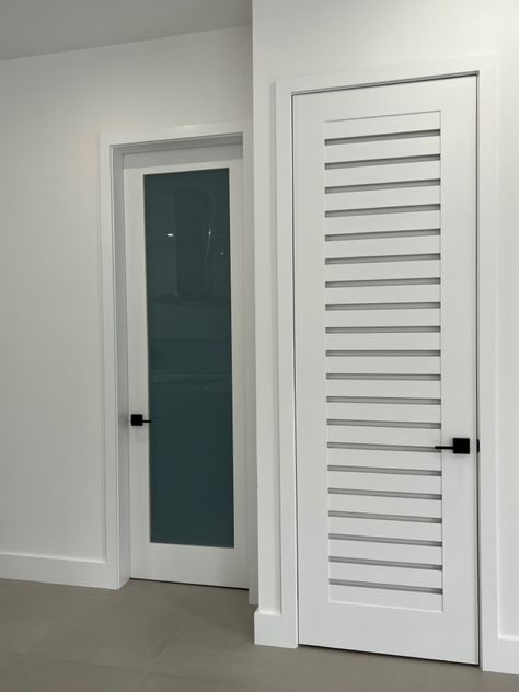 Privacy Glass Shaker Door and Modern louvered Door Louver Door, Louvered Door, Modern Doors, Cabinet Detailing, Privacy Glass, Bathroom Door, Modern Door, Bathroom Doors, Wood Doors