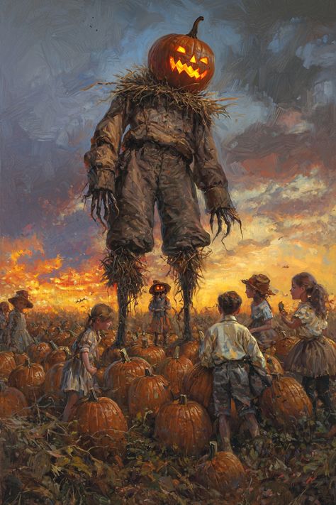 A towering Jack-o'-Lantern scarecrow looms over children in this enchanting autumn harvest scene. The warm, golden tones of the sunset bring a nostalgic touch to the Halloween season, making this a perfect piece of vintage fall decor for lovers of Halloween and pumpkin-themed art.  #JackOLantern #HalloweenArt #PumpkinPatch #AutumnDecor #VintageHalloween Nostalgic Halloween, Pumpkin Patch Farm, Famous Art Pieces, Mythology Paintings, Vintage Fall Decor, Religious Paintings, Macabre Art, Vintage Fall, Fantasy Castle