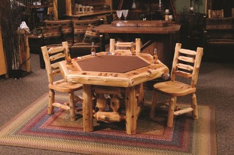 Poker Table Diy, Octagon Poker Table, Log Beds, Game Table And Chairs, Outdoor Woodworking Plans, Lodge Furniture, Bungalow Ideas, Poker Tables, Log Table