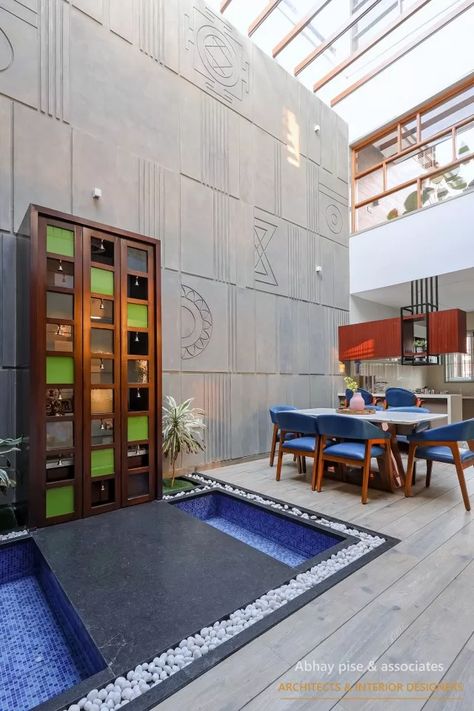 This Residence is Graced With a Central Courtyard and Follows Vaastu Principles | Abhay Pise & Associates - The Architects Diary Central Courtyard, Hidden House, The Architects Diary, House Staircase, Harmony With Nature, Pooja Room Design, Kitchen Room Design, Pooja Rooms, Light And Space