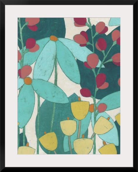 Fine Art Print, Martin Black Frame entitled Wild Flower Glade II.  Contemporary painting of flower in teal and turquoise with small pale yellow flowers.  Multiple sizes available.  Primary colors within this image include Teal, Pink, Peach, Dark Gray.  Made in the USA.  Satisfaction guaranteed.  Archival-quality UV-resistant inks. Danish Art Prints, Modern Floral Art Paintings, Boho Botanical Art, Gallery Wall Colors, Abstract Plant Art, Crystal Shopping, Pale Yellow Flowers, Collage Art Ideas, Abstract Botanical Art