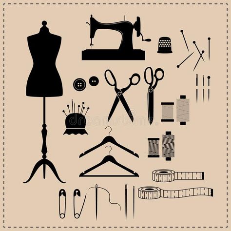 Vintage Sewing Machines Illustration, Sewing Kit Drawing, Vintage Sewing Illustration, Sewing Tools Drawing, Sewing Illustration Art, Sewing Kit Illustration, Sewing Icon, Sewing Machine Illustration, Tailor Logo Design