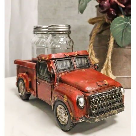 This Classic Red Pickup Truck salt and pepper shakers set is made of high quality polyresin, hand painted and polished. They are equipped with two glass shakers as pictured without the condiments.  This Classic Red Pickup Truck salt and pepper shakers set measures approximately 3" tall, 7" wide and 3" deep each. It weighs about 1.25 pounds.  Add some flair to your kitchen and dining setup with this awesome salt pepper shaker set.  Imagine the look on your guests faces when they notice this exqui Nostalgia Kitchen, Red Pickup Truck, Classic Old Fashioned, Salt And Pepper Holder, Red Truck Decor, Decor Sculpture, Serveware Entertaining, Rv Living, Red Truck