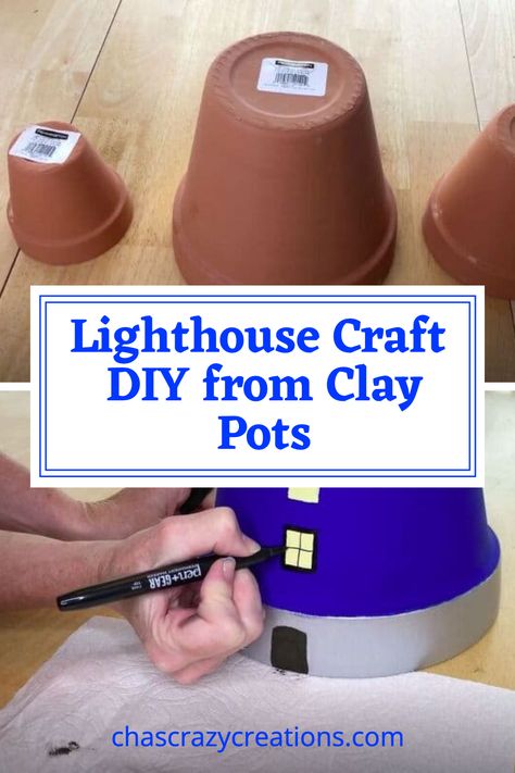 lighthouse craft diy from clay pots How To Make A Lighthouse From Clay Pots, Clay Pot Lighthouse Diy, Terra Cotta Lighthouse, Lighthouse From Clay Pots, Terra Cotta Pot Lighthouse, Diy Lighthouse Outdoor Clay Pots, How To Build A Lighthouse, Clay Pot Lighthouse With Solar Light, Flower Pot Lighthouse