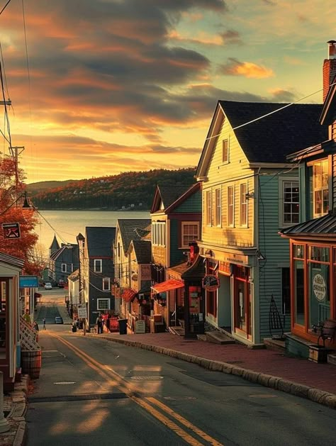 Bar Harbor, Maine Village Animation, Old American Houses, Beach Town Aesthetic, Northeast Road Trip, San Sequoia, Maine Aesthetic, New England Landscape, England Landscape, Brindleton Bay