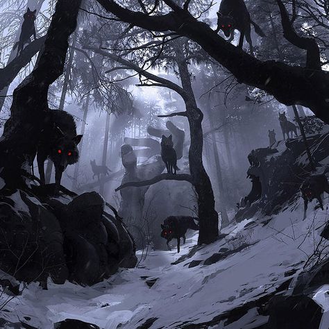 Art of Donovan Valdes #art #concept #illustration #wolves #haunted #frozen #woods #trees #hellhound #creepy Wolves Art, Werewolf Aesthetic, Characters Inspiration, Wolf Quotes, Werewolf Art, Red Wolf, Anime Wolf, Writing Ideas, Wolf Pack