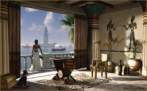 The view from Cleopatra's private residence and palace on the island of Antirrhodes in the port of Alexandria. The palace no longer exists as it now lies beneath the waves. Ancient Egypt Projects, Egyptian Aesthetic, Starověký Egypt, Egypt Concept Art, Egypt Aesthetic, Prince Of Egypt, Ancient Egypt Art, Egypt Art, Ancient Egyptian Art