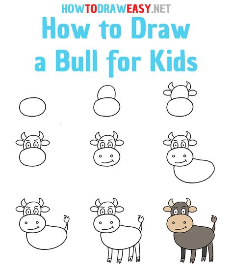 How to Draw a Bull Step by Step #Bull #Ox #Animals #Cow #Drawing #DrawingTutorials #EasyDrawing #Art #ArtWork #Sketch #Sketching #AnimalsDrawing Cow How To Draw, How To Draw Bull, Bull Drawing Easy, Ox Animals, Bull Doodle, How To Draw Cow, Bull Drawing, Elementary Drawing, Kindergarten Drawing