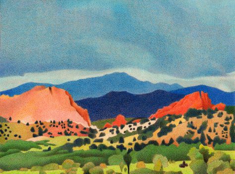 Impression Evergreen: Garden of the Gods Pikes Peak - Colored Pencil Drawing Evergreen Garden, Natural Structures, Western Artist, Pikes Peak, Colored Pencil Drawing, Southwest Art, Color Pencil Drawing, Modern Landscaping, Watercolor Landscape