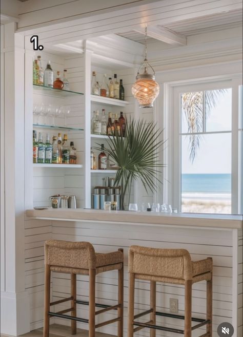 Beach House Wet Bar, Beach House Bar Ideas, Am And Pm Bar, Beach House Bar, Beach House Outdoor, Beach Home Interiors, Cottage Bungalow, Beach Living Room, House Vibes