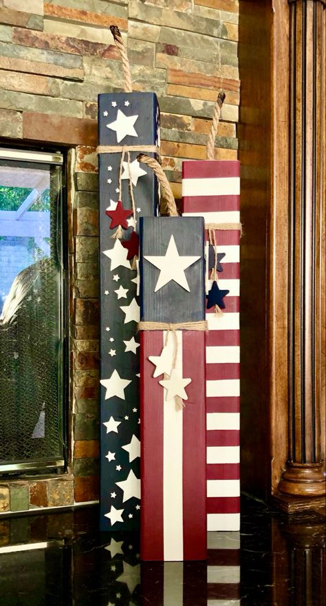 4th of July Firecracker Set Outdoor Americana Decor, Red White And Blue Wood Crafts, Outdoor 4th Of July Decor Easy Diy, Fourth Of July Porch Decorating Ideas, 4th Of July Wood Crafts Diy Projects, Wood Firecracker Diy, Wooden Craft Show Ideas, Wood Fireworks Craft, Americana Wood Crafts