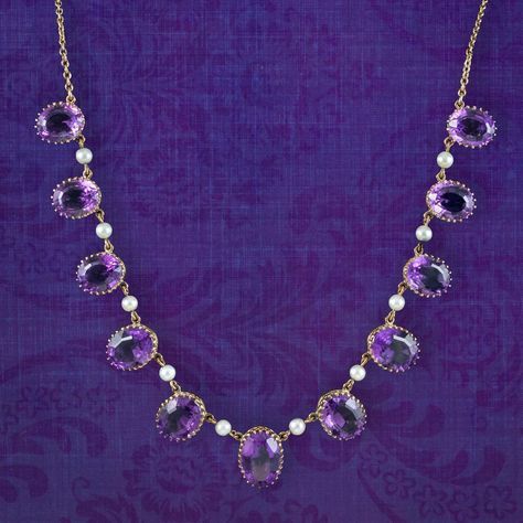 VINTAGE AMETHYST PEARL NECKLACE 9CT GOLD 27CT OF AMETHYST DATED 1976  | eBay British Crown Jewels, Antique Jewellery Online, Diamond Chain Necklace, Antique Necklace, Minerals And Gemstones, Wedding Jewellery Necklace, Crown Jewels, Gold Pearl, Ancient Egypt