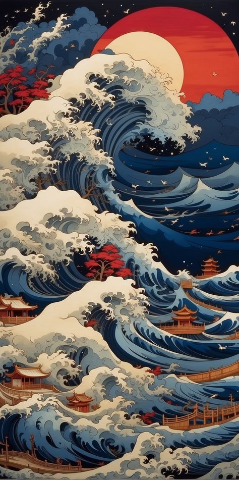 Japan Illustration, Wave Illustration, Japanese Drawings, Japanese Waves, Japanese Illustration, Traditional Japanese Art, Japanese Painting, Wallpaper Pc, Japanese Art