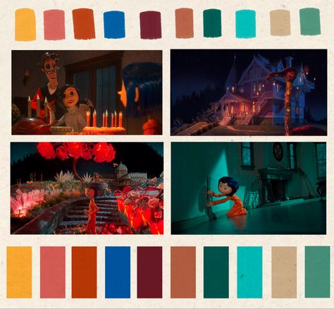 Coraline Colour Palette, Film Color Palette Colour Schemes, The Shining Color Palette, Color Palette For Animation, Movie Scene Color Palette, Scary Movie Color Palette, Animation Colour Palette, Into The Spiderverse Color Palette, Emotional Color Palette