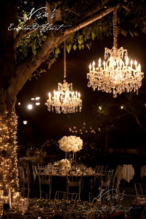 Forest Chandelier Wedding, Chandelier In Trees Wedding, Chandelier Theme Wedding, Hanging Tree Lights Wedding, Wedding Chandelier Outdoor, Chandelier At Wedding, Outdoor Tree Chandelier, Chandelier Hanging From Tree, Chandelier Tree Wedding