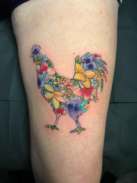 Chicken Floral Tattoo, Key West Chicken Tattoo, Colorful Chicken Tattoo, Watercolor Chicken Tattoo, Chicken Line Tattoo, Chicken Flower Tattoo, Portuguese Rooster Tattoo, Farm Animal Tattoos For Women, Cute Chicken Tattoo