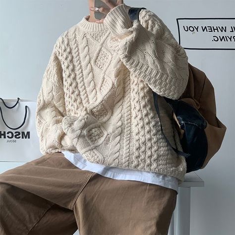 emeisa - Cable Knit Sweater Cable Knit Sweater Outfit, Knitted Shirts, Oversized Knitted Jumper, Jumper Fashion, Knit Sweater Outfit, Men Pullover, Sweater Streetwear, Sweater Oversized, Sweater Oversize