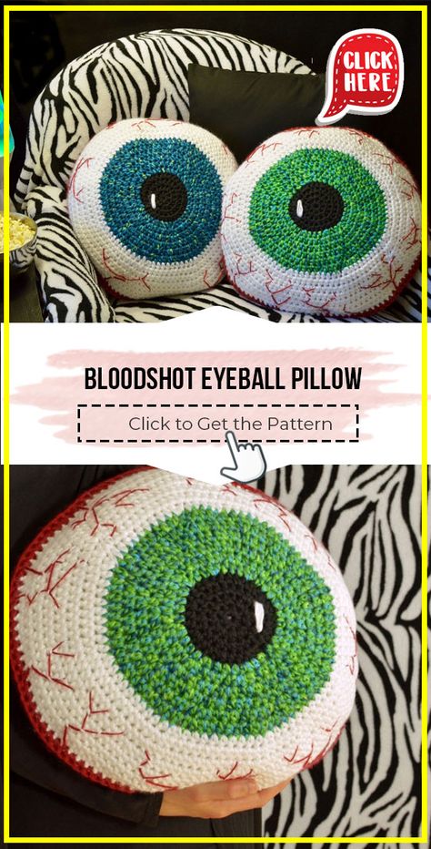 crochet Bloodshot Eyeball Pillow easy pattern - Easy Crochet Pillow Pattern for Beginners. Click to Try the Pattern #Pillow #crochetpattern #crochet via @shareapattern.com Cool Crochet Pillows, Crochet Back Pillow, Easy Crochet Pillow, Cute Crochet Pillow, Crochet For Boyfriend Diy Gifts, Crochet Pillow Pattern Free, Crochet Neck Pillow, Crochet Neck Pillow Free Pattern, Crochet Floor Pillow Free Pattern