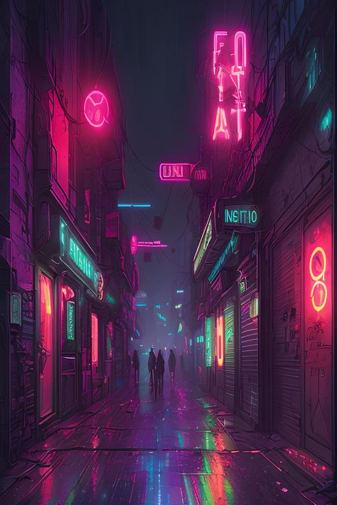 Step into the enchanting world of urban nightlife with this captivating artwork capturing the ambiance of a dark alley leading to a vibrant nightclub adorned with neon signs. Discover the hidden charms and mysteries that await. Neon City Drawing, Neon City Street, Cyberpunk Neon Sign, Cyberpunk Nightclub, Dark Neon Aesthetic, Dark Cyberpunk Aesthetic, Neon City Aesthetic, Neon City Wallpaper, Neon City Art