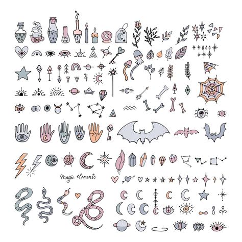 Magician Symbols, Witch Symbols Art, Witchy Doodles, Magic Elements, Magic Doodle, Pastel Witch, Witch Symbols, Jagua Tattoo, Stitch Ideas