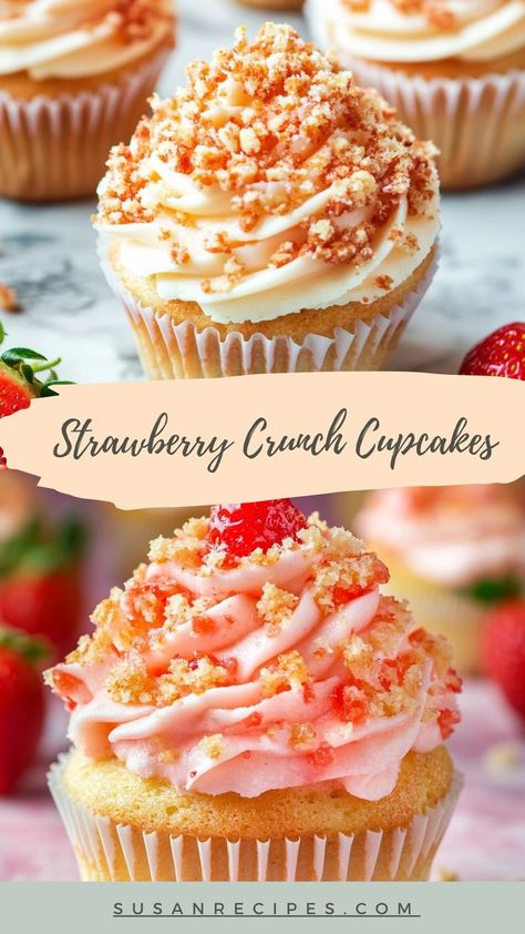 Strawberry Crunch Cupcakes are a modern take on a classic favorite—light, fluffy, and topped with a sweet, crunchy crunch that adds the perfect texture to every bite! 🍓🧁🌟 #CrunchyStrawberryGoodness #CupcakePerfection #NostalgicDesserts #StrawberryMagic #SweetAndCrunchy #ModernTwist #BakingJoy #CupcakeObsession #DessertGoals #CrunchAndSweet 🍓🧁 Strawberry Crunch Cupcakes, Strawberry Crunch Topping, Crunch Topping, Moist Vanilla Cupcakes, Fluffy Cupcakes, Strawberry Crunch, Strawberry Things, Strawberry Delight, Strawberry Jello