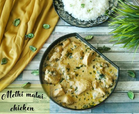 Methi malai chicken Methi Malai Chicken, Malai Chicken Recipe, Chicken Dish Recipes, Methi Chicken, Malai Chicken, Curry Recipes Easy, Indian Chicken Recipes, Fenugreek Leaves, Indian Chicken