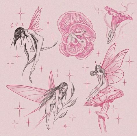 Fae Fairy Tattoos, Pink Fairy Tattoo, Fairy Core Tattoo Ideas, Fairy Aesthetic Tattoo, Fairy Tale Tattoo, Elf Tattoo, Sakura Tattoo, Fairy Tattoo Designs, Fairy Drawings