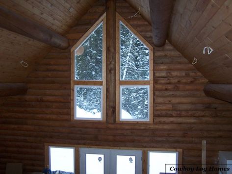 Interior of Stacked Log Gable End with Trapezoid Windows | Cowboy Log Homes Trapezoid Windows, Loft Windows, Ridge Beam, Log Home, Home Pictures, Log Homes, Custom Homes, Beams, Roof