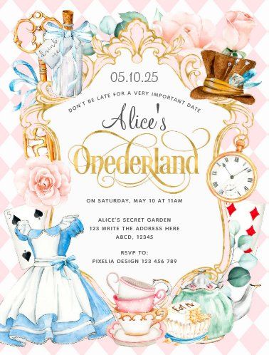 Wonderland Party Invitations, Wonderland Party Theme, Alice In Wonderland Invitations, Wonderland Invitation, Pink Girl Birthday, Wonderland Birthday Party, Alice In Wonderland Tea Party Birthday, Onederland Birthday Party, Alice Tea Party